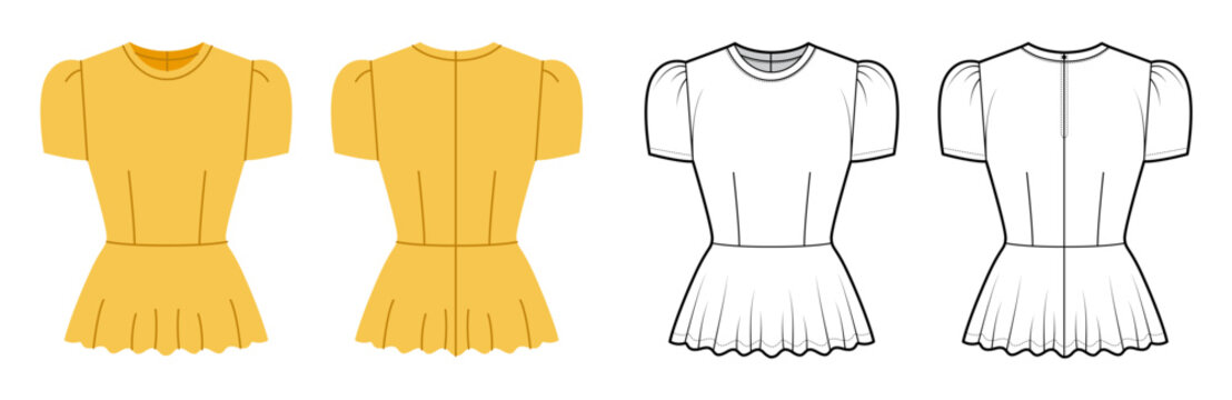 Peplum top with puff sleeves, fitted bodice and flared hem with structured shaping and feminine silhouette. Technical fashion illustration in black and white and color, front and back views. Vector