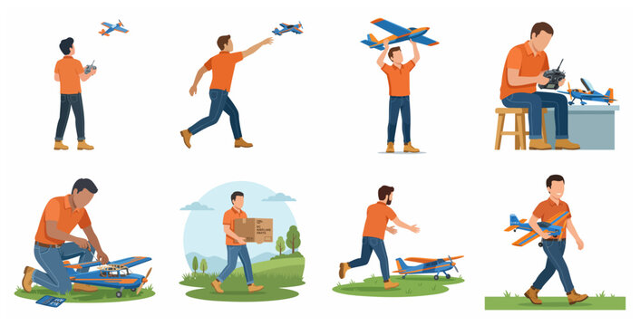 Man enjoying RC airplane hobby vector illustration set featuring flying, building, and repairing remote controlled model planes.