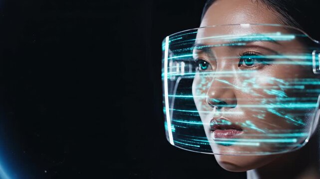 Asian woman wearing virtual reality headset with glowing digital interface. Future technology concept featuring data visualization and cyber security scanning system