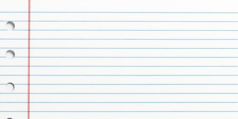 Fototapeta premium Lined notebook paper background with three hole punches on left side. Clean white sheet with blue horizontal lines, red vertical margin line. Blank page for notes design mockups. Simple, minimalistic.