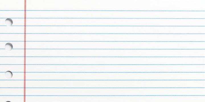 Lined notebook paper background with three hole punches on left side. Clean white sheet with blue horizontal lines, red vertical margin line. Blank page for notes design mockups. Simple, minimalistic.