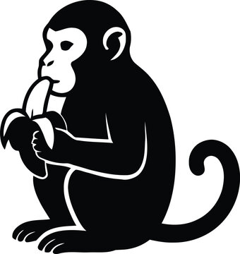 A classic monkey silhouette seated in side profile, eating a peeled banana with both hands. The iconic pose captures