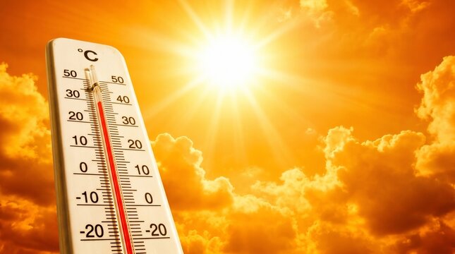 Thermometer against bright sun showing extreme high temperature during heatwave
