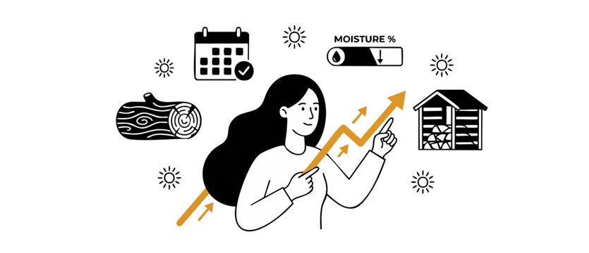 Firewood seasoning drying process infographic featuring a woman explaining timber moisture reduction over time with solar exposure tracker, calendar timeline schedule, logs, and storage shed icon set.