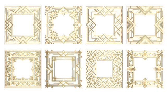 Set of 8 Art Deco Gold Frames, Vintage Decorative Borders, Luxury Geometric Ornate Square Designs
