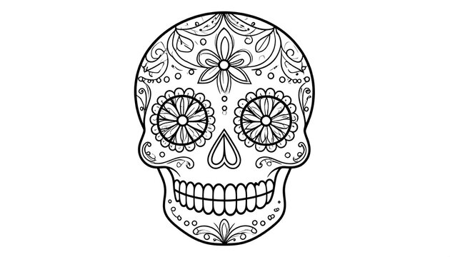 Black and white illustration of a stylized skull with ornate floral and geometric patterns, resembling sugar skulls