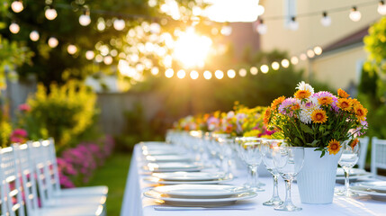 Fototapeta premium Elegant Outdoor Dining Table Set with Vibrant Flowers