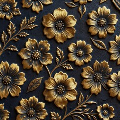Fototapeta premium Golden embossed flowers and leaves adorn a dark textured surface. Intricate floral design repeats seamlessly across the background. Elegant botanical art forms a decorative pattern.