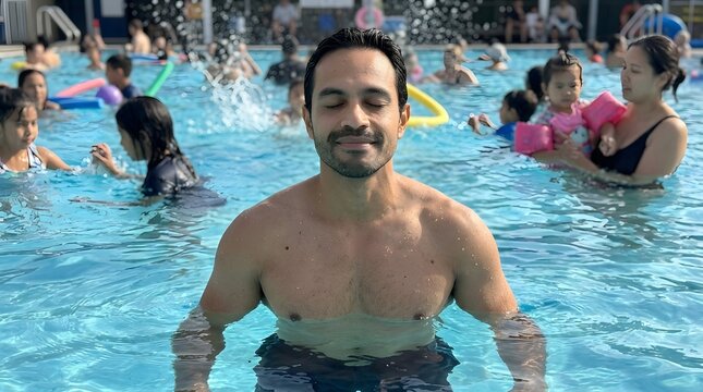 Man relaxing with eyes closed in a crowded public pool