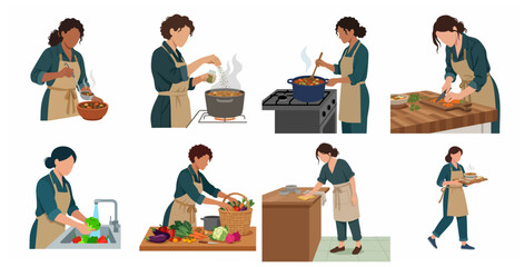 Fototapeta premium Vector illustration set of a woman preparing healthy food, chopping vegetables, seasoning soup, washing greens, and cleaning the kitchen.