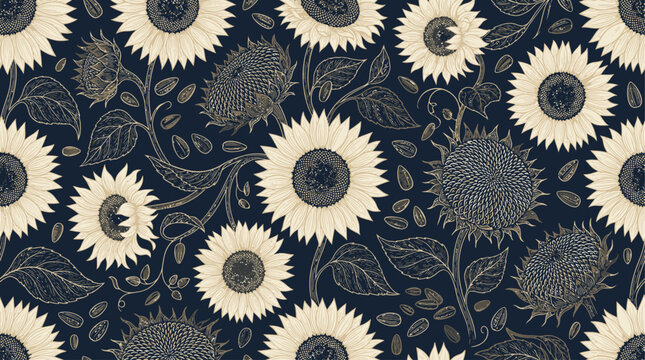 Vintage floral pattern with sunflowers and leaves.
