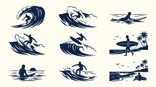 Collection of surfing illustrations and icons.