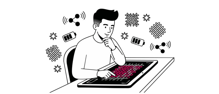 Smart textile design tablet app for interactive wearable tech fashion Engineering. Graphic line art vector illustration of a male apparel designer working on fabric development with IoT network icons.