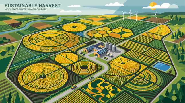 Sustainable farm with crop circles and renewable energy sources.
