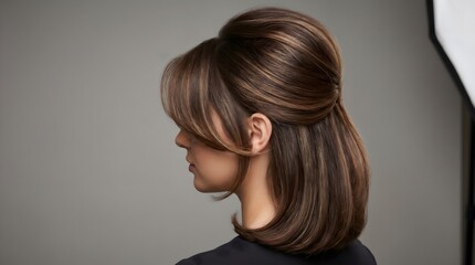 Naklejka premium Rich Chocolate Brown Layered Hair with Caramel Blowout Highlights