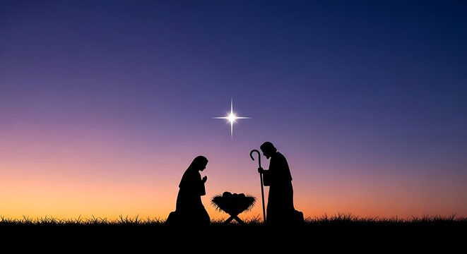 Nativity Scene at Dusk: The silhouette of the holy family &ndash; Mary, Joseph, and baby Jesus in a manger &ndash; kneels beneath the guiding star of Bethlehem at twilight.