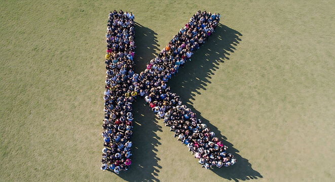 Large group of people forming letter K.