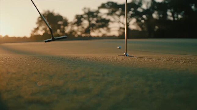 Successful golf putt sinking into the hole at sunset