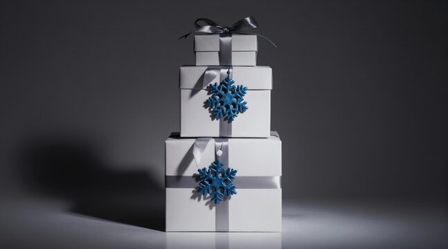 White gift boxes with silver ribbons are stacked high. Blue snowflake ornaments dangle from the elegant present wraps. Minimal studio lighting creates a festive mood.