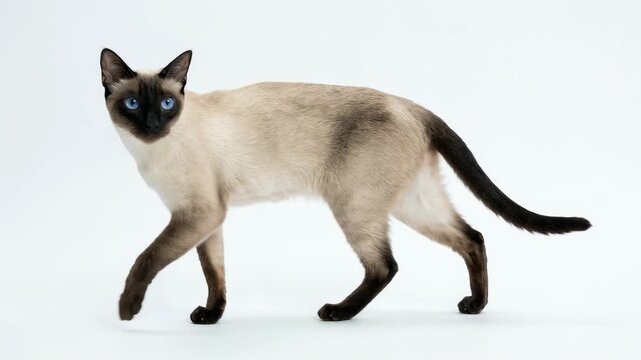 Siamese Cat Walking Gracefully on White Background Elegant Feline Movement for Pet Content