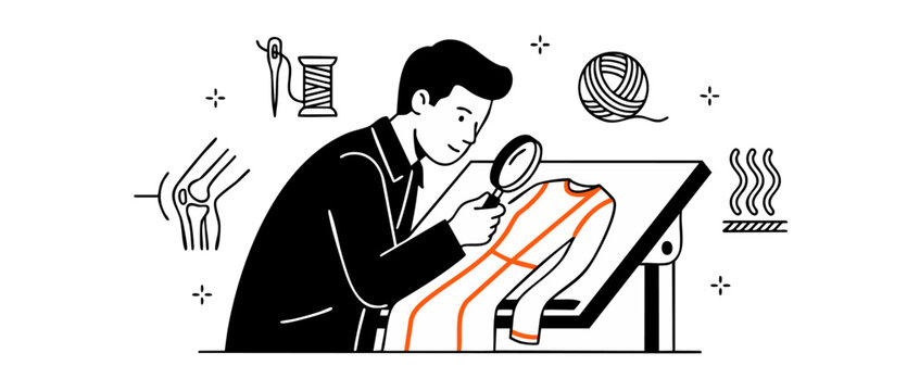 Textile quality control inspector examining smart fabric garment with magnifying glass. Line art concept showcasing breathable material, ergonomic joint design, fashion manufacturing and apparel craft