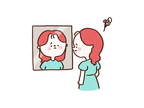Depressed woman looking at her own reflection in the mirror, low self-esteem or body dysmorphia concept