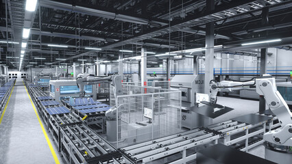 Fototapeta premium Heavy machinery in cutting edge solar panel warehouse handling photovoltaic modules on large assembly lines, wide camera shot of sustainable facility manufacturing solar cells, 3D illustration.