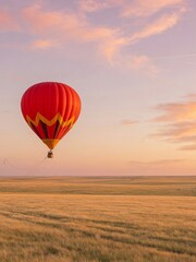 Naklejka premium Single red hot air balloon over golden prairie at dawn