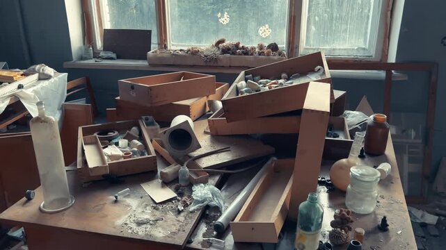 Abandoned Soviet Laboratory Desk with Open Drawers, Glass Flasks and Dead Houseplants | Urbex Interior Parallax Camera Move