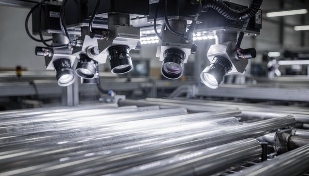 Medium shot of machine vision cameras inspects metallic pipes under LED backlighting enabling precise automated detection of surface defects in industrial production lines.