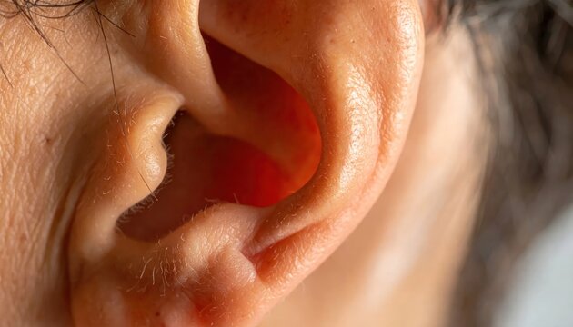 Close-up view of a human ear, showing the intricate folds and subtle textures