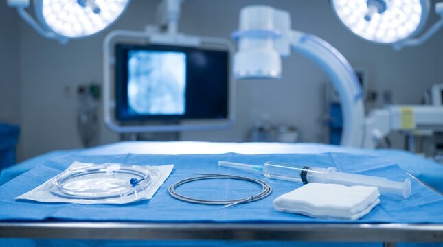 Percutaneous cholangiostomy preparation with drainage catheter, guidewire, syringe and gauze on sterile blue drape in an interventional radiology suite.
