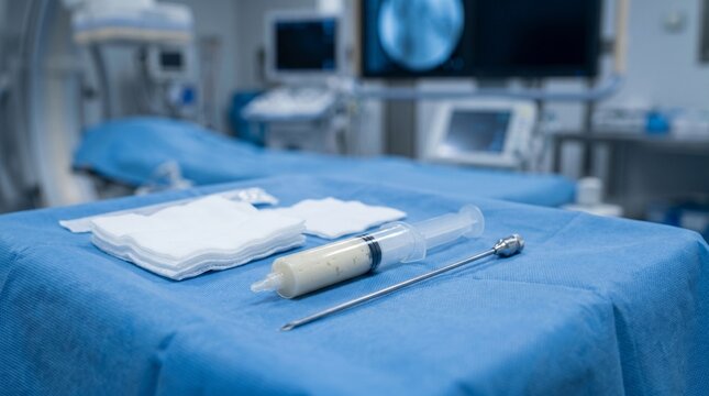 Vertebroplasty preparation with bone cement syringe, spinal needle and sterile gauze on blue drape in an interventional radiology suite.