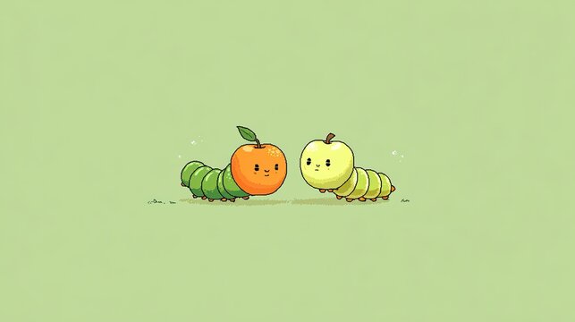 Cartoon worms and apples whimsical illustration on green background