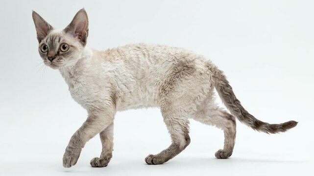 Devon Rex Cat Walking Gracefully White Background Studio Shot Pet Animal Domestic Feline