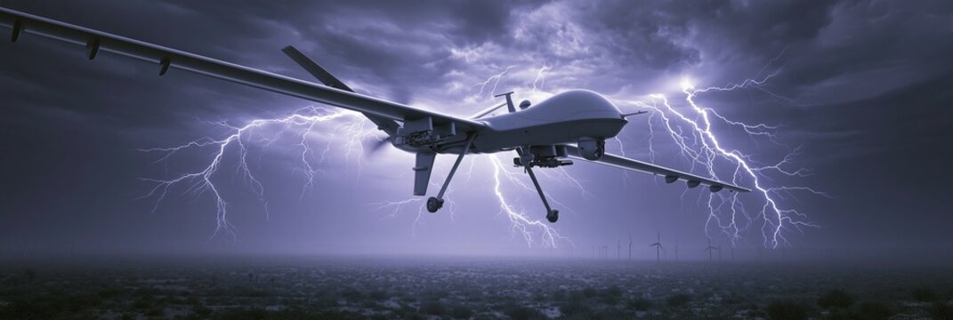 Lowangle shot of a sleek weather drone suspended beneath a crackling violet thunderhead over an expansive nighttime desert with soft focus background emphasizing the drones