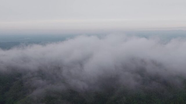 Aerial view of a sea of clouds drifting over lush green forested hills at sunrise, Kala Pahar, Sylhet, Bangladesh