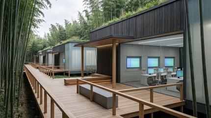 Fototapeta premium Bamboo campus walkway linking forest e sports guild training pavilions
