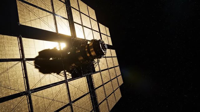 Solar power satellite orbiting in deep space. Array of modular gold reflective panels collecting solar energy. Futuristic aerospace technology for power generation