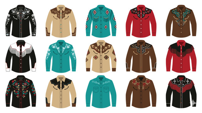 Western style shirts with embroidery and fringes set isolated on white background.