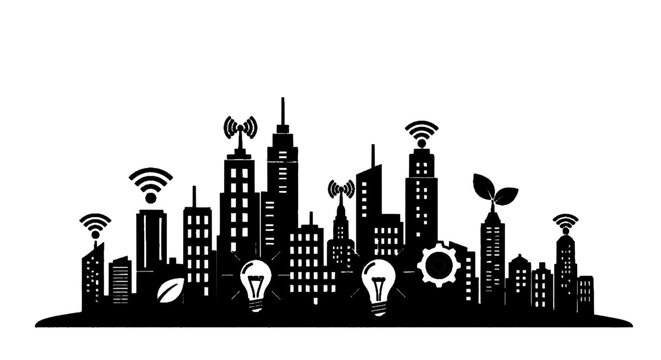 Minimal black silhouette icon, simple flat vector, bold black shape, no, no shading smart city concept with buildings, wireless communication, and green energy on a, flat icon style