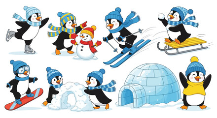 Cute penguin winter activities vector set, cartoon penguins skiing and ice skating, arctic animals building snowman and igloo, holiday clip art © Stephen