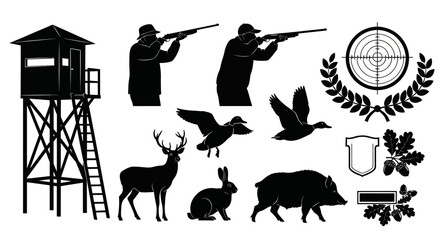 Hunting silhouette vector set with hunters, wild animals and forest tower. Black hunting club icons including deer, boar, ducks and target symbols. © Stephen