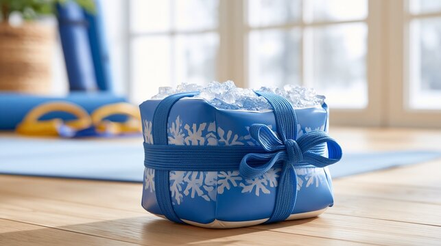 Medium closeup of an instant cold pack wrapped around an ankle with a reusable elastic band set in a bright home workout corner with a yoga mat and resistance bands blurred in the