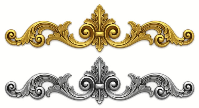 Vintage gold and silver baroque scroll ornaments, ornate 3D filigree border elements, classic metallic floral architectural moldings for luxury design