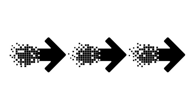 Pixelated black arrow set with disintegration effect, digital motion icons with glitch dispersion, 3 vector arrows for tech and data transfer