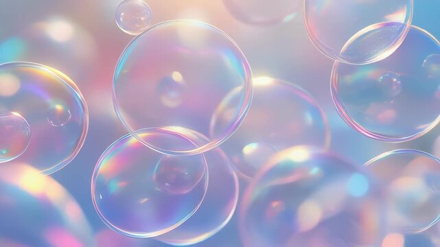 Beautiful translucent soap bubbles floating with colorful light reflections in soft pastel background