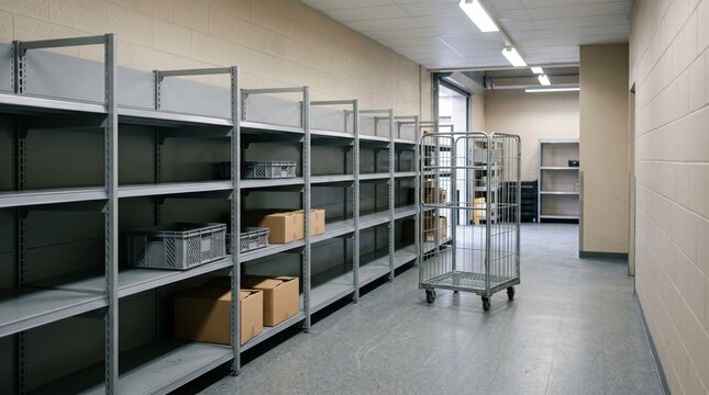 Sparse Retail Backroom Shelves With Rolling Cage And Blank Stock Boxes
