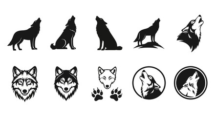 Wolf silhouette vector icons set, howling wolf head and paw print graphics, black and white wild animal mascot logos for branding and outdoors © Stephen