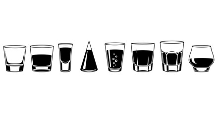 Minimalist shot glass icons set, black and white alcohol glassware vector illustrations, collection of 8 bar drink glasses for menu design © Stephen